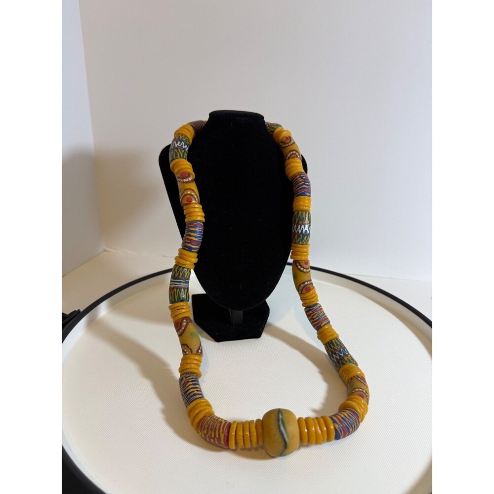 Authentic African Krobo Glass Bead Necklace With Yellow & Multicolor Hand-Painte